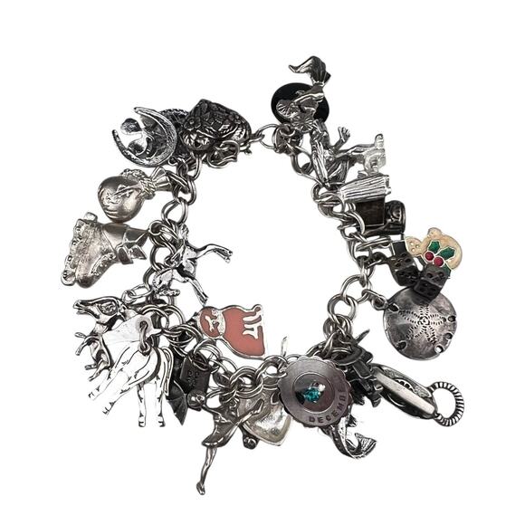 Mostly Vintage Sterling Silver 25 Charms Bracelet 7.5" Frog Cheerleader Fish Cat - Picture 1 of 7